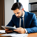 A professional adult male deeply focused on studying, seated at a modern, ergonomic desk in a well-lit, quiet study room. He is reviewing legal texts and financial market analysis on a sleek tablet and a laptop, with an open notebook and a pen at hand. His expression is one of concentration and determination. He is fully clothed in a modest, professional business suit. The background features subtle shelves of books and a warm, inviting ambiance. perfect anatomy, correct proportions, natural pose, well-formed hands, proper finger count, natural body proportions, professional photography, high resolution, safe for work, appropriate content, fully clothed, professional, modest attire.