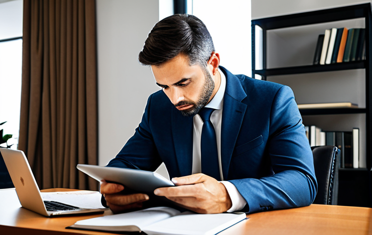 A professional adult male deeply focused on studying, seated at a modern, ergonomic desk in a well-lit, quiet study room. He is reviewing legal texts and financial market analysis on a sleek tablet and a laptop, with an open notebook and a pen at hand. His expression is one of concentration and determination. He is fully clothed in a modest, professional business suit. The background features subtle shelves of books and a warm, inviting ambiance. perfect anatomy, correct proportions, natural pose, well-formed hands, proper finger count, natural body proportions, professional photography, high resolution, safe for work, appropriate content, fully clothed, professional, modest attire.