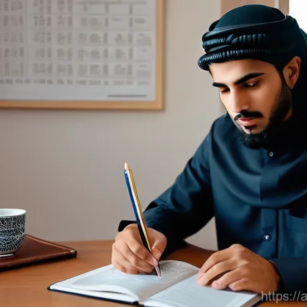 경매사 시험 준비 중 필요한 자료 정리 - **Prompt:** A focused Arab student, early 20s, with a serious but engaged expression, sitting at a c...