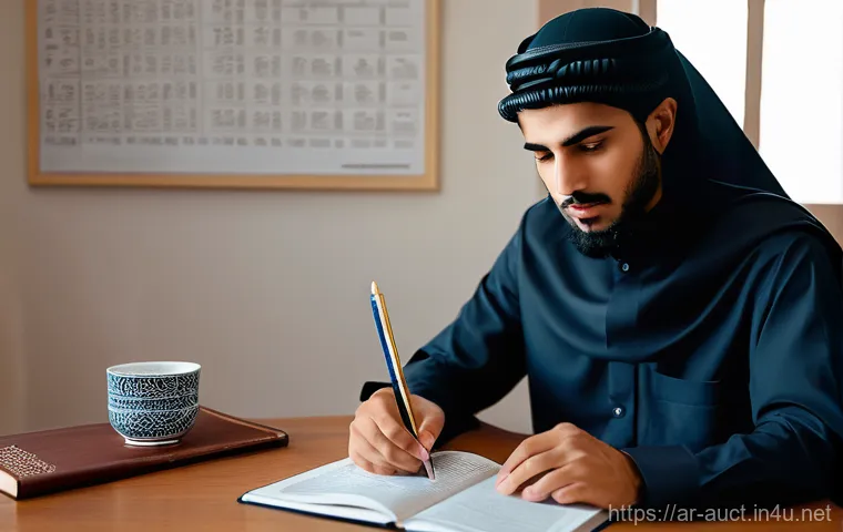 경매사 시험 준비 중 필요한 자료 정리 - **Prompt:** A focused Arab student, early 20s, with a serious but engaged expression, sitting at a c...