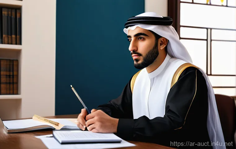 경매사 필기 시험 합격 비결 - **Prompt 1: The Focused Aspirant**
    A young Arab man or woman, in their early 20s, sits at a clea...