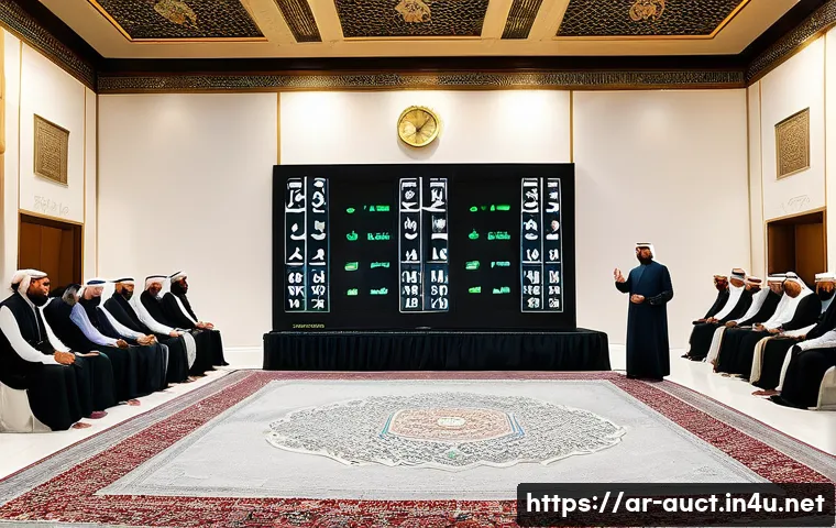 경매사 시험 관련 최신 기출문제 - A detailed, culturally rich scene of a formal auction room in a Middle Eastern setting, featuring a ...