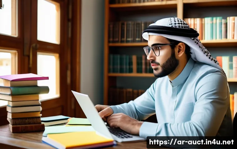 경매사 관련 자격증 시험 일정 및 준비법 - A focused Arab male student in his early 30s studying real estate auction certification at a wooden ...