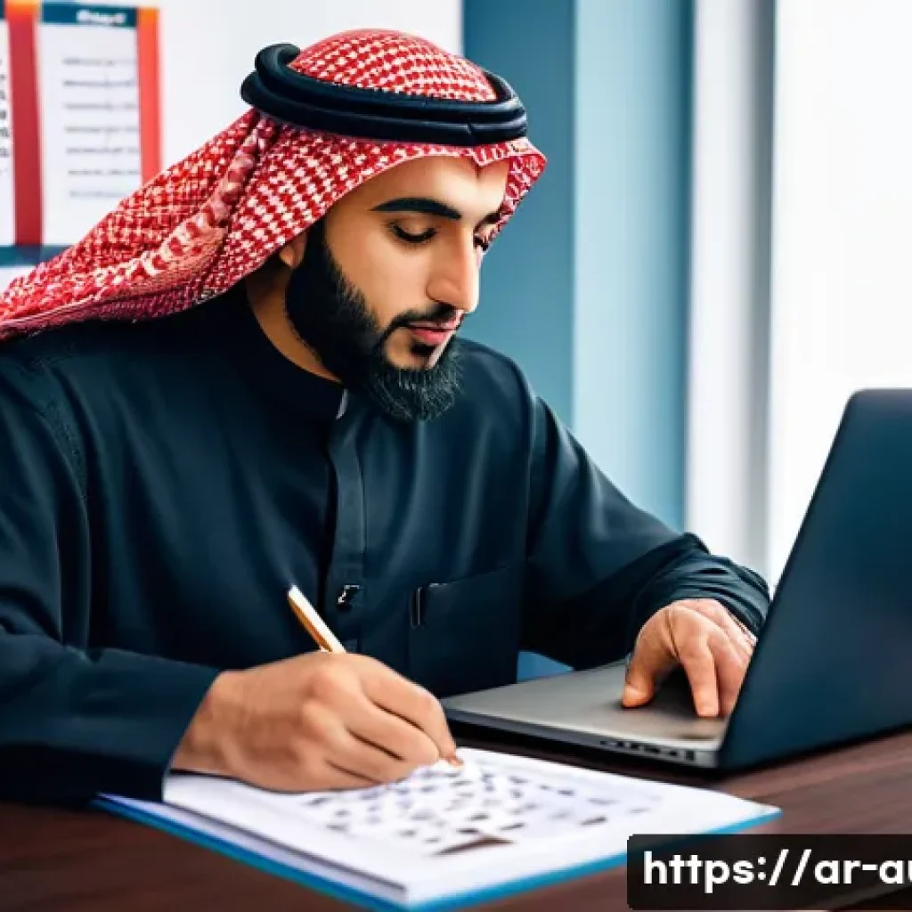 경매사 실기시험 준비 과정 중 자주 발생하는 실수 - A professional Middle Eastern man in traditional attire, sitting at a modern desk with a laptop and ...