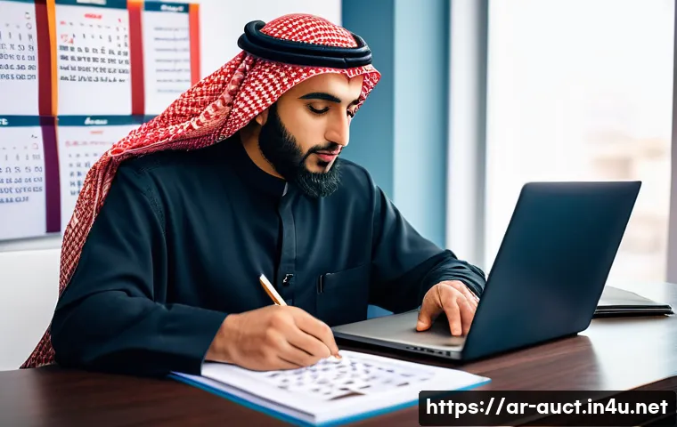 경매사 실기시험 준비 과정 중 자주 발생하는 실수 - A professional Middle Eastern man in traditional attire, sitting at a modern desk with a laptop and ...