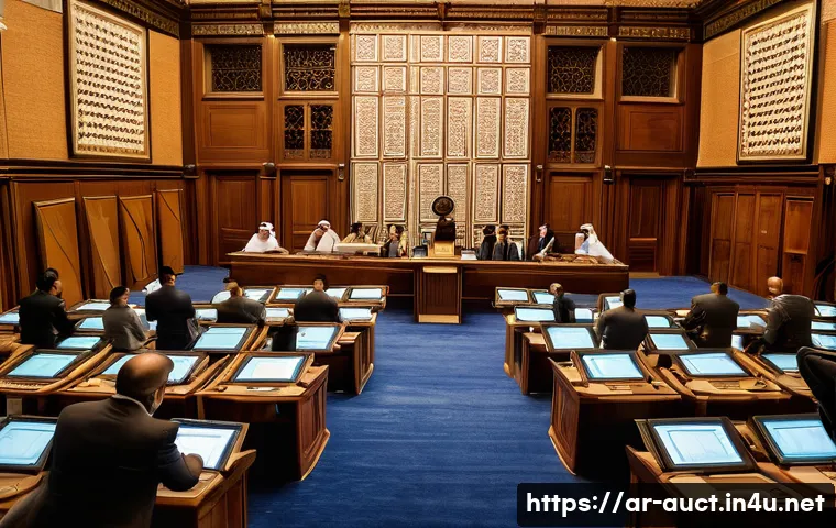 경매사 필기시험에서 중요한 법률 주제 - A professional auction scene set in a modern Middle Eastern auction house with Arabic architectural ...
