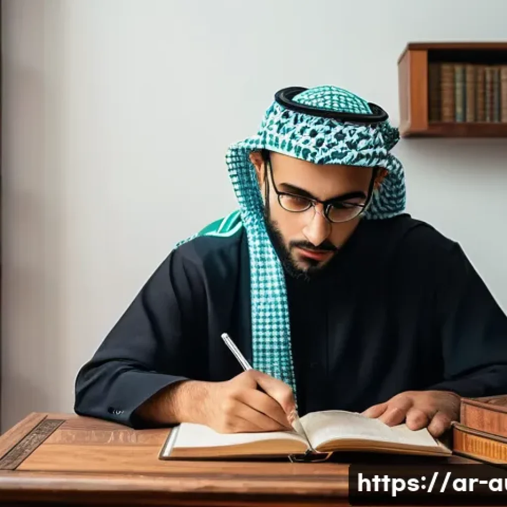 경매사 필기시험 준비 체크리스트 - A focused Arab male student sitting at a traditional wooden desk in a warmly lit room decorated with...