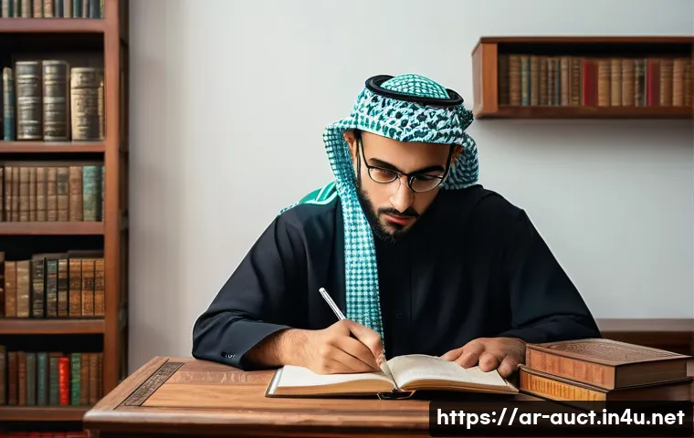 경매사 필기시험 준비 체크리스트 - A focused Arab male student sitting at a traditional wooden desk in a warmly lit room decorated with...