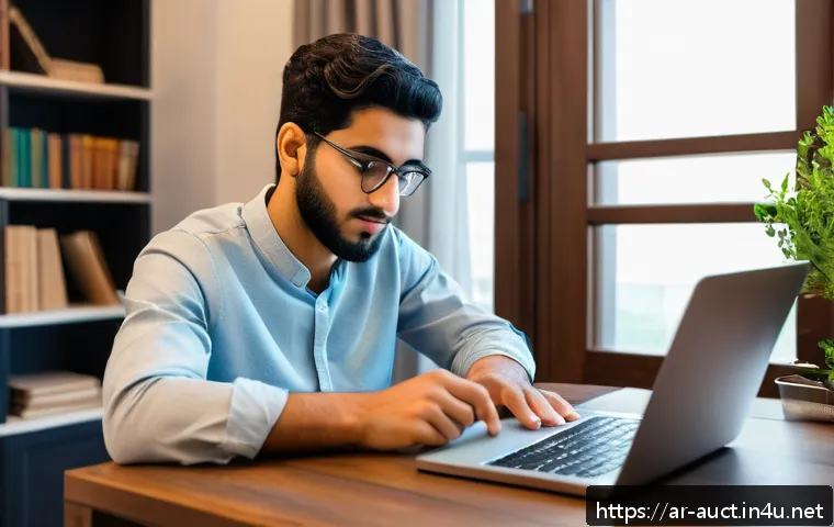 경매사 시험 준비 관련 유용한 참고 사이트 - A focused Arab male student studying for an auction exam in a modern, well-lit home office, sitting ...