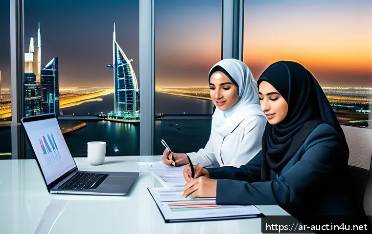 경매사 시험에서 고득점 받는 비결 - A detailed scene of an Arabic professional male and female team sitting around a modern conference t...