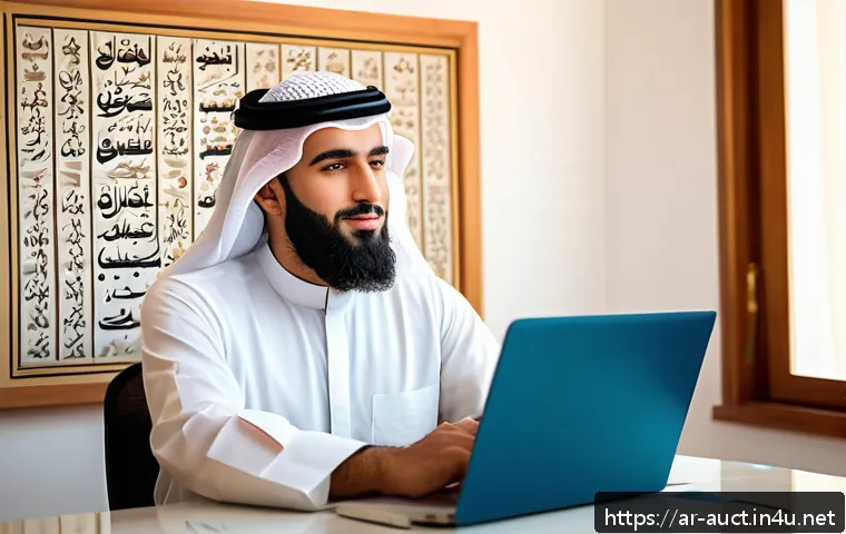 경매사 시험 준비를 위한 유용한 강의 추천 - A professional Arabic man preparing for an auction certification exam at a modern home office, surro...