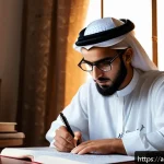 경매사 시험에서 높은 점수 받는 팁 - A focused young Arab male student sitting at a traditional wooden desk in a cozy study room decorate...