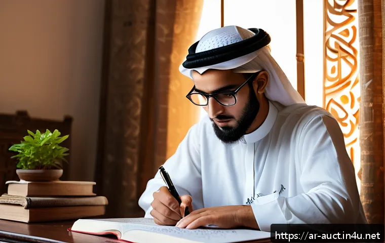 경매사 시험에서 높은 점수 받는 팁 - A focused young Arab male student sitting at a traditional wooden desk in a cozy study room decorate...