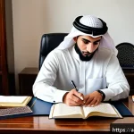 경매사 자격증 시험 준비 중의 유용한 자료 추천 - A modern Arab professional studying real estate auction law in a cozy home office decorated with Ara...