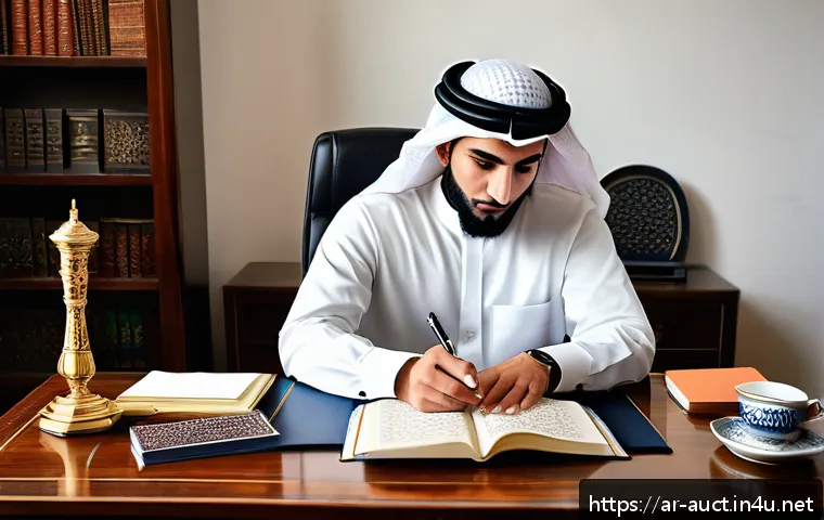 경매사 자격증 시험 준비 중의 유용한 자료 추천 - A modern Arab professional studying real estate auction law in a cozy home office decorated with Ara...