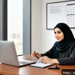 경매사 자격증 시험 일정 확인 방법 - A modern office scene featuring an Arab professional woman in conservative business attire, sitting ...