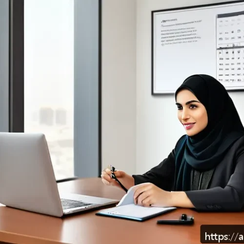 경매사 자격증 시험 일정 확인 방법 - A modern office scene featuring an Arab professional woman in conservative business attire, sitting ...