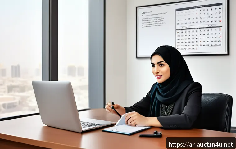 경매사 자격증 시험 일정 확인 방법 - A modern office scene featuring an Arab professional woman in conservative business attire, sitting ...