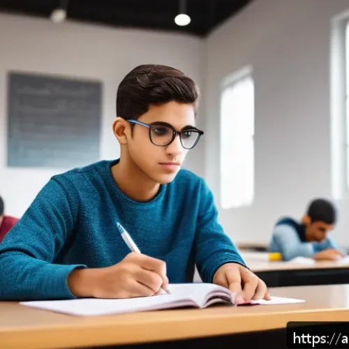 경매사 자격증 시험장에서 유의할 점 - A focused Arab male student in his late teens sitting in a well-lit, modern exam hall, wearing comfo...