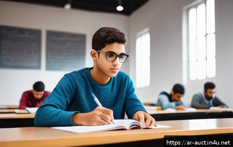 경매사 자격증 시험장에서 유의할 점 - A focused Arab male student in his late teens sitting in a well-lit, modern exam hall, wearing comfo...