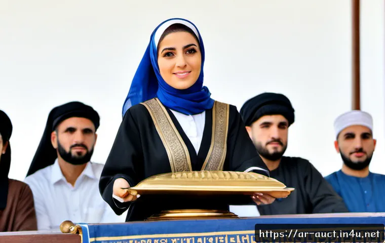 경매사 자격증 취득 후 진로 옵션 - Photorealistic professional Arab woman auctioneer in modest business attire and headscarf, confident...