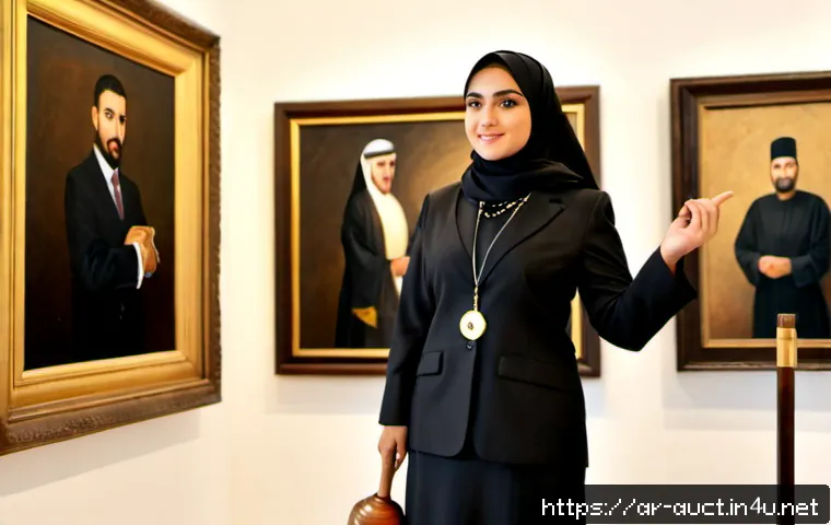 경매사 자격증 활용 가능한 다양한 직업 - Photorealistic Middle Eastern female auction professional in modest elegant business attire and hija...